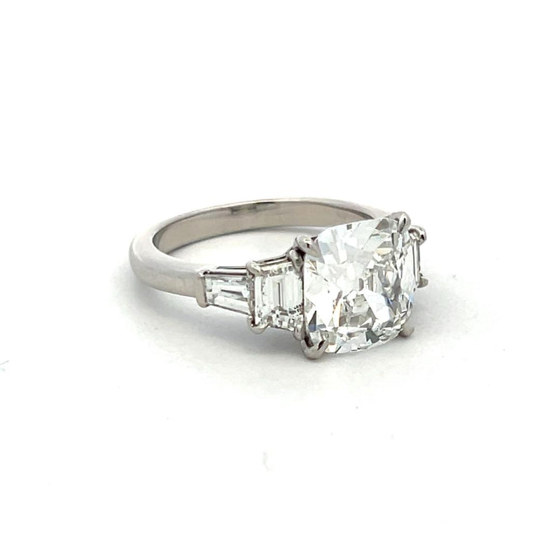 3.83 Carat Cushion Brilliant and Trapezoid and Baguette Diamond Platinum Ring