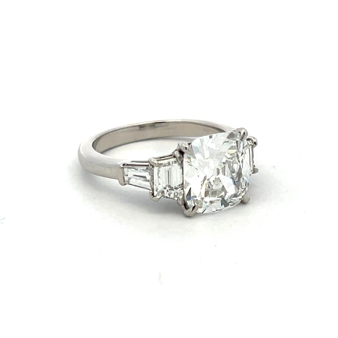 3.83 Carat Cushion Brilliant Trapezoid-Tapered Baguette Diamond Platinum Ring