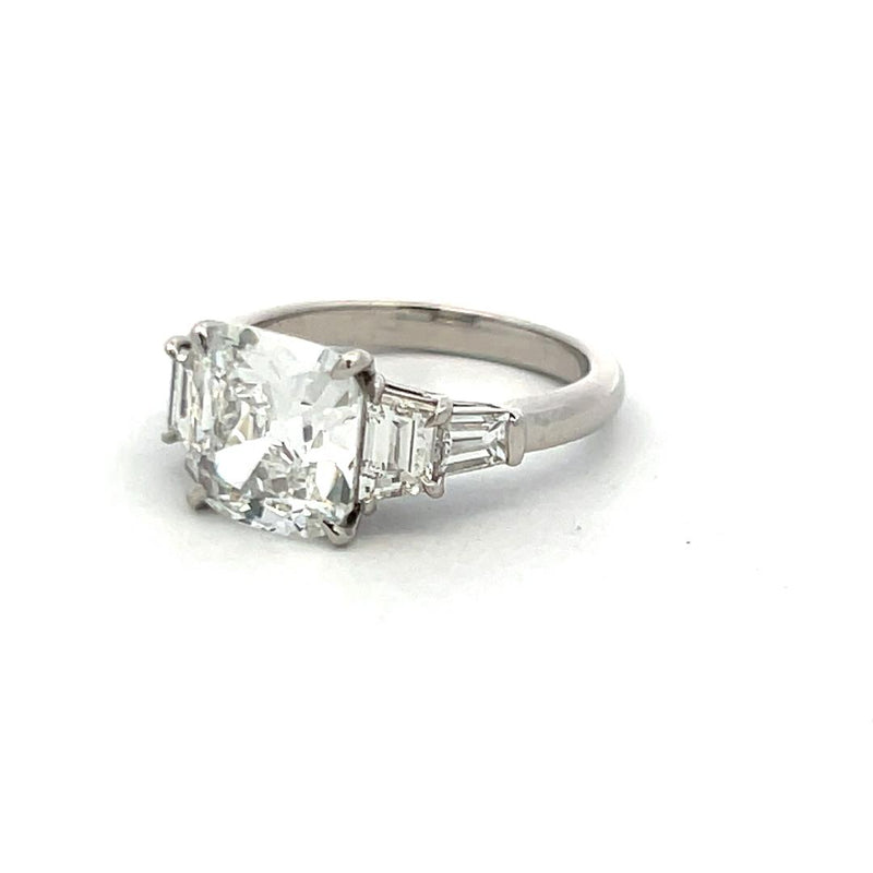 3.83 Carat Cushion Brilliant and Trapezoid and Baguette Diamond Platinum Ring