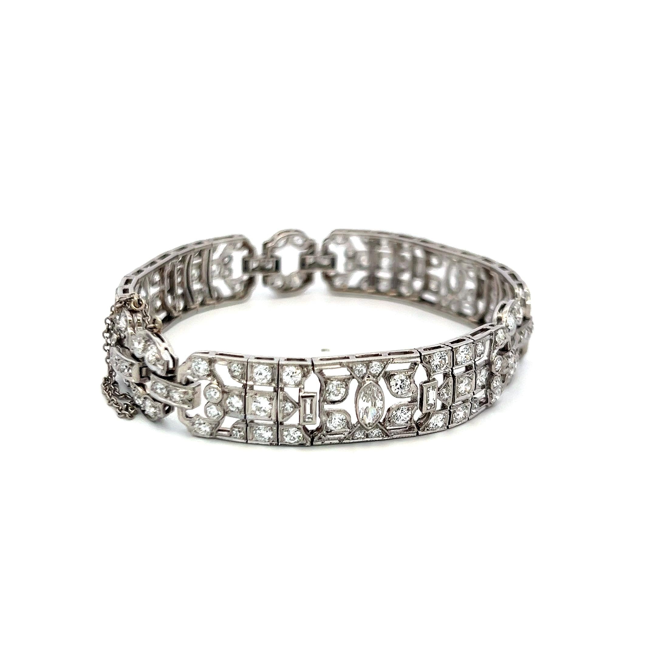 Platinum Art Deco 4.36ct Diamond Bracelet with Old European, Marquis & Baguette