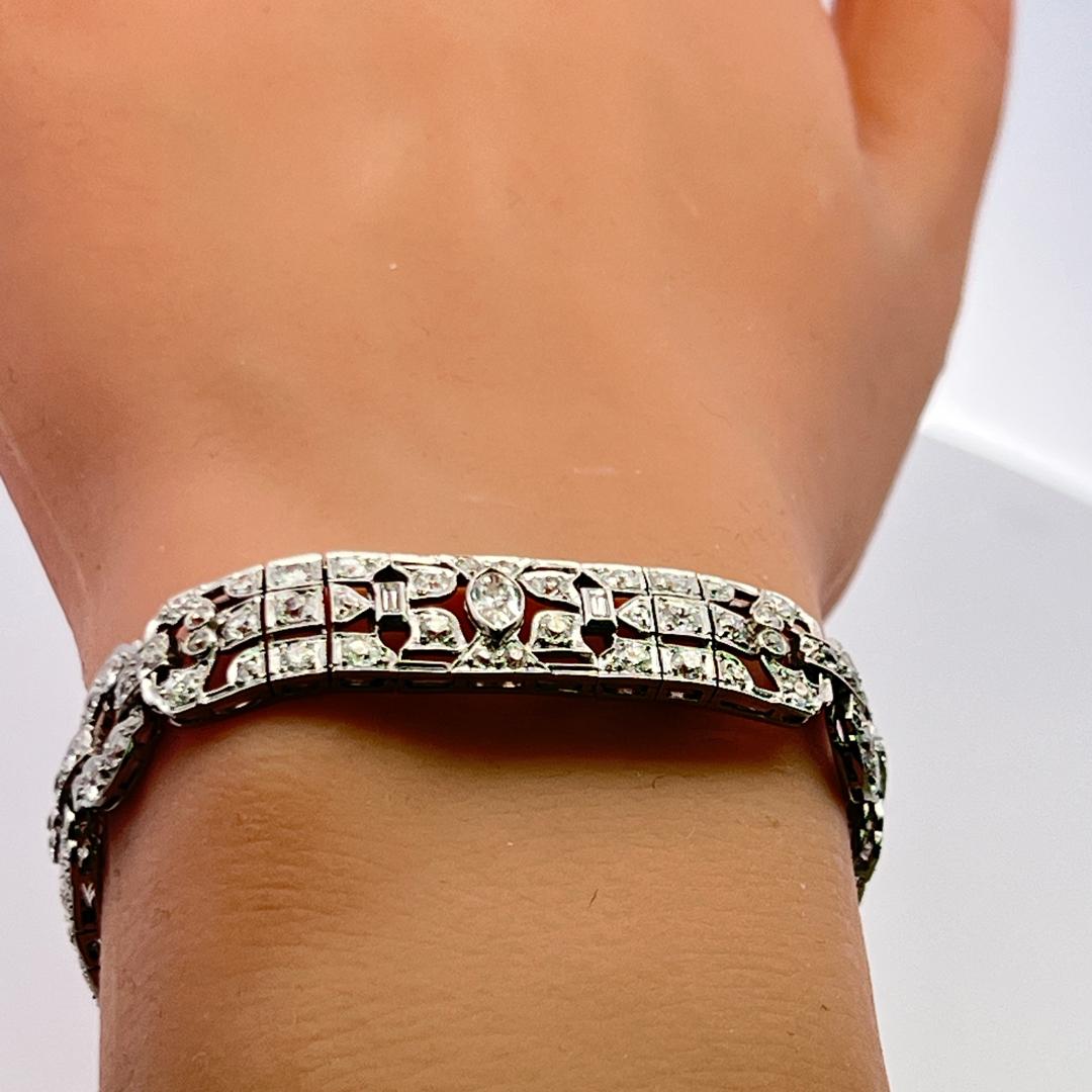 Platinum Art Deco 4.36ct Diamond Bracelet with Old European, Marquis & Baguette
