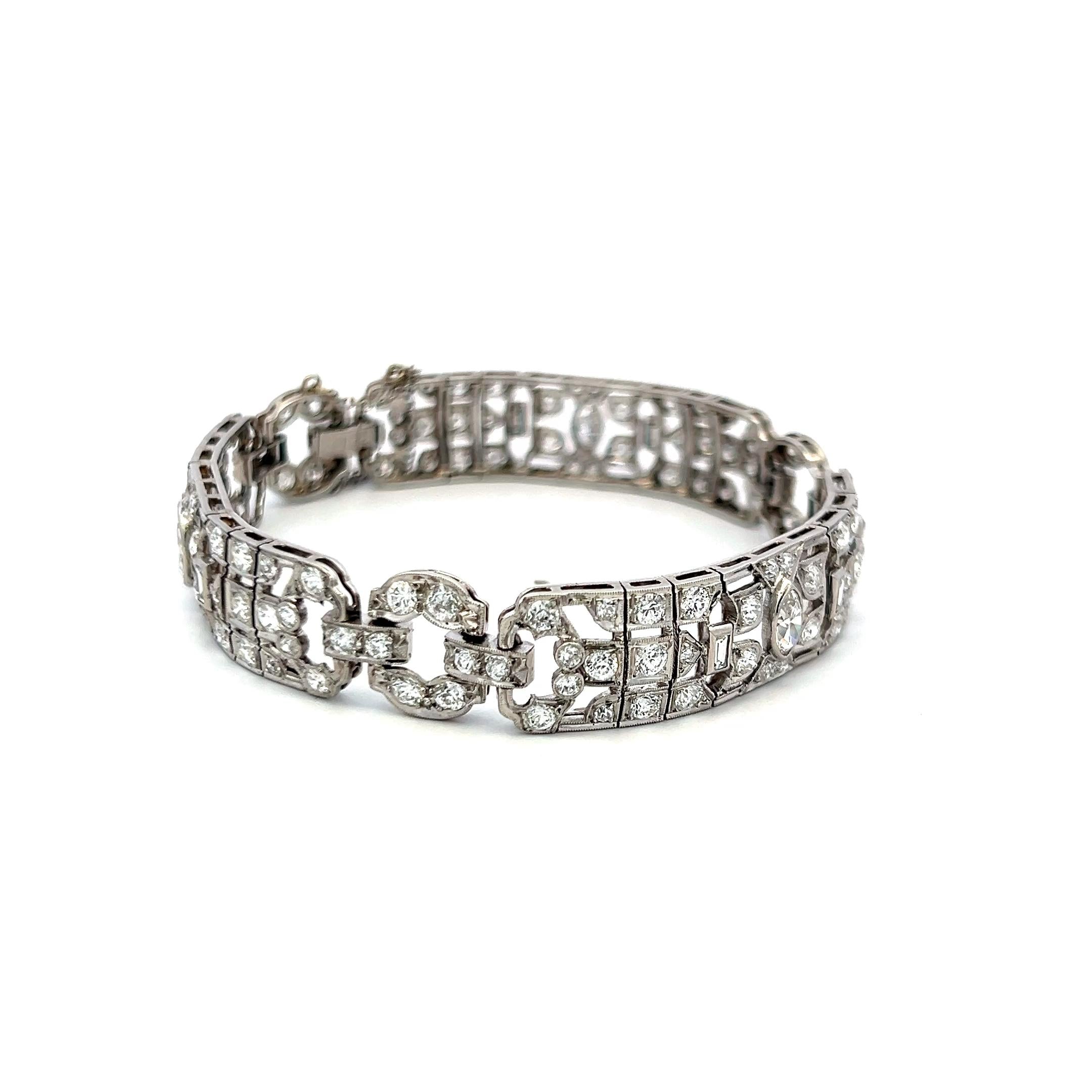 Platinum Art Deco 4.36ct Diamond Bracelet with Old European, Marquis & Baguette