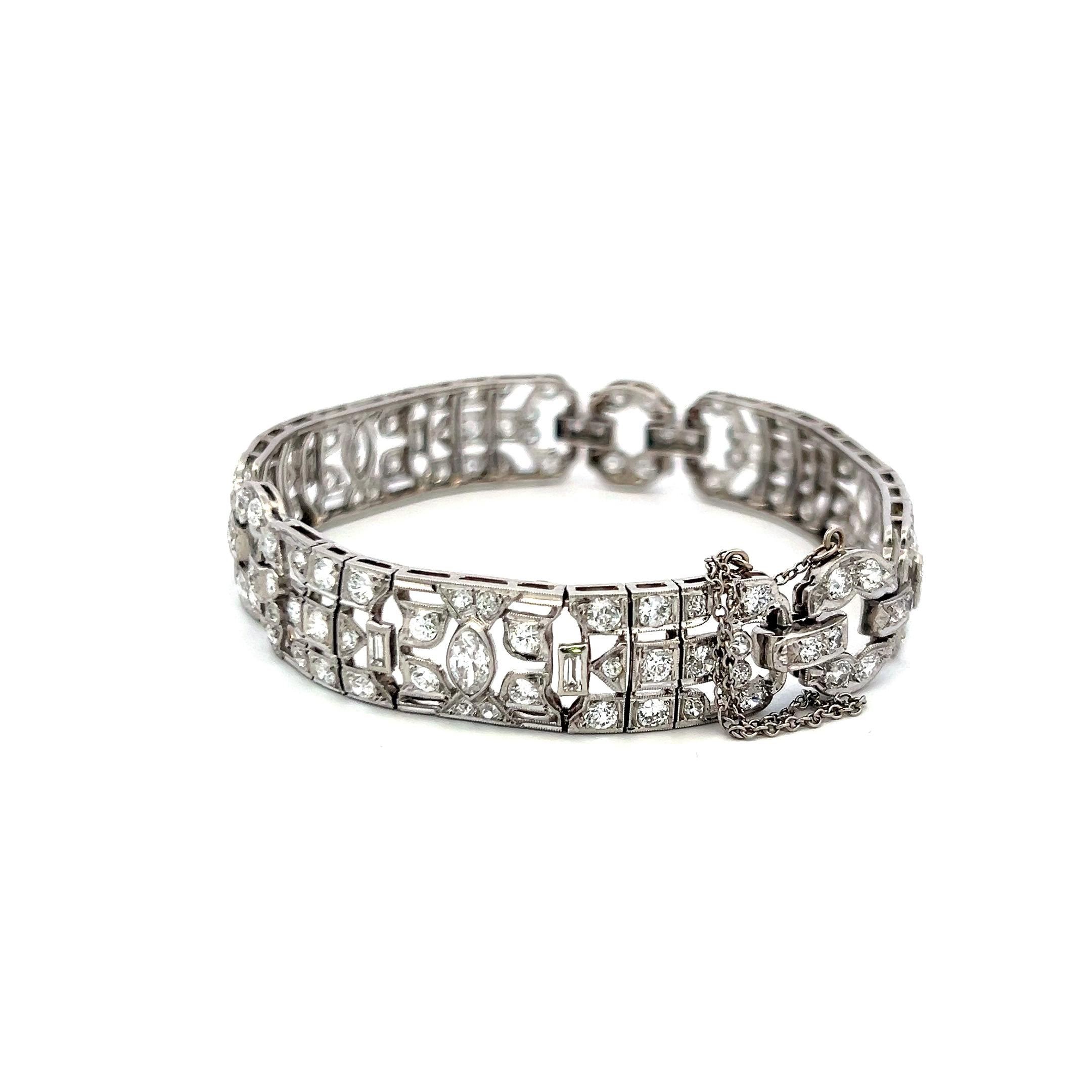 Platinum Art Deco 4.36ct Diamond Bracelet with Old European, Marquis & Baguette