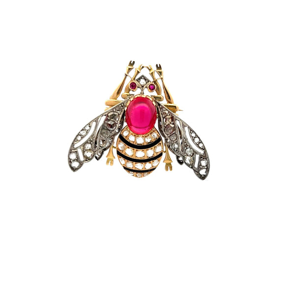 4.54 Carat and Ruby 2.00 Carat Rose Cut Diamond 18 Karat YG-Silver Pin Brooch