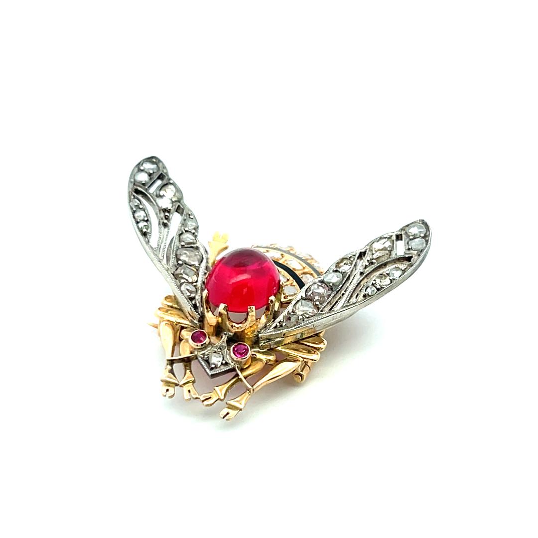 4.54 Carat and Ruby 2.00 Carat Rose Cut Diamond 18 Karat YG-Silver Pin Brooch