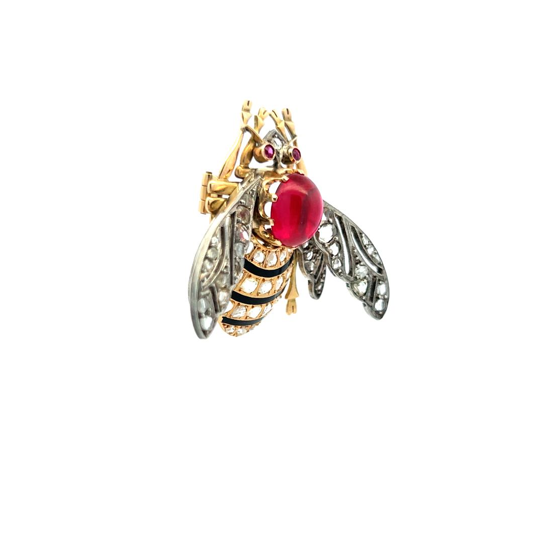 4.54 Carat and Ruby 2.00 Carat Rose Cut Diamond 18 Karat YG-Silver Pin Brooch