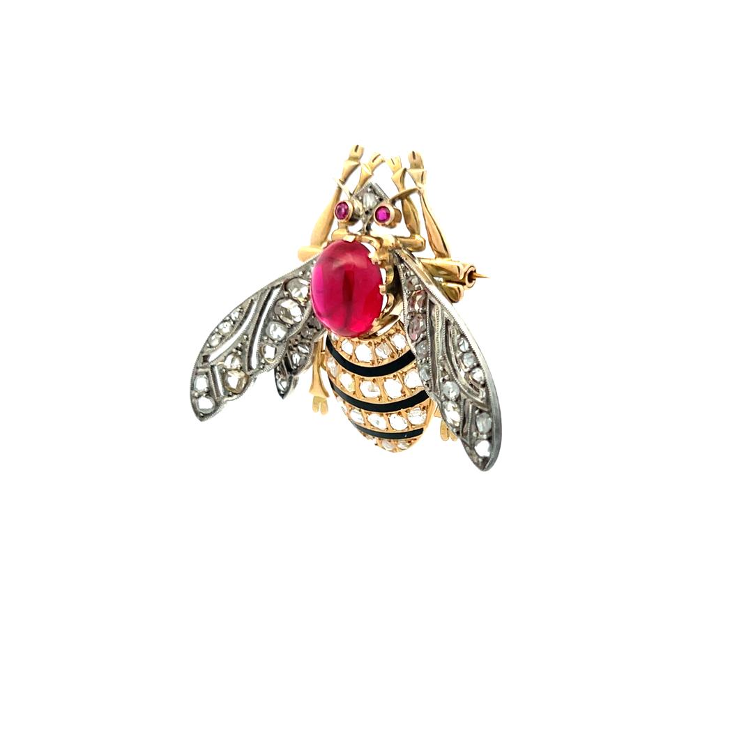 4.54 Carat and Ruby 2.00 Carat Rose Cut Diamond 18 Karat YG-Silver Pin Brooch