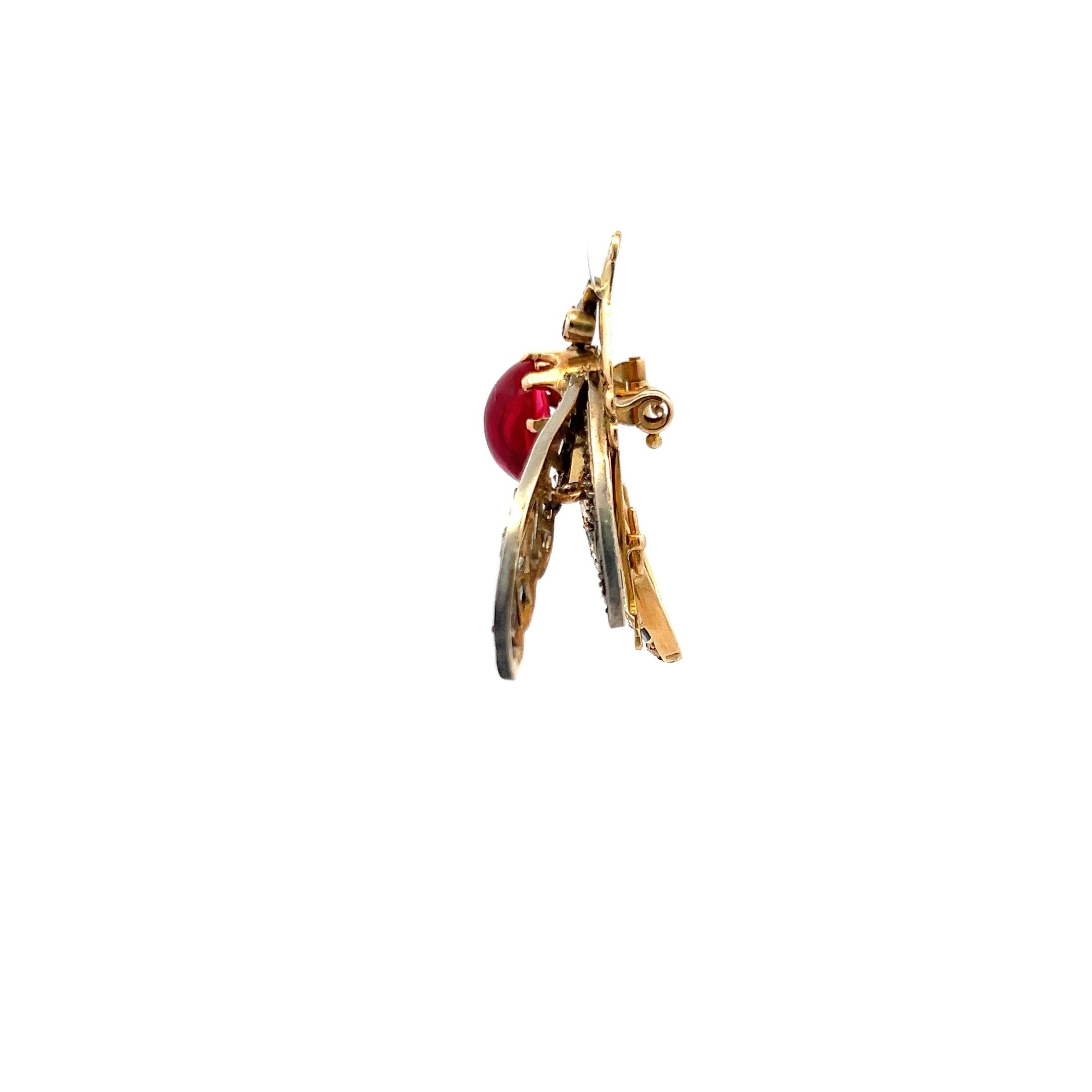 4.54 Carat and Ruby 2.00 Carat Rose Cut Diamond 18 Karat YG-Silver Pin Brooch