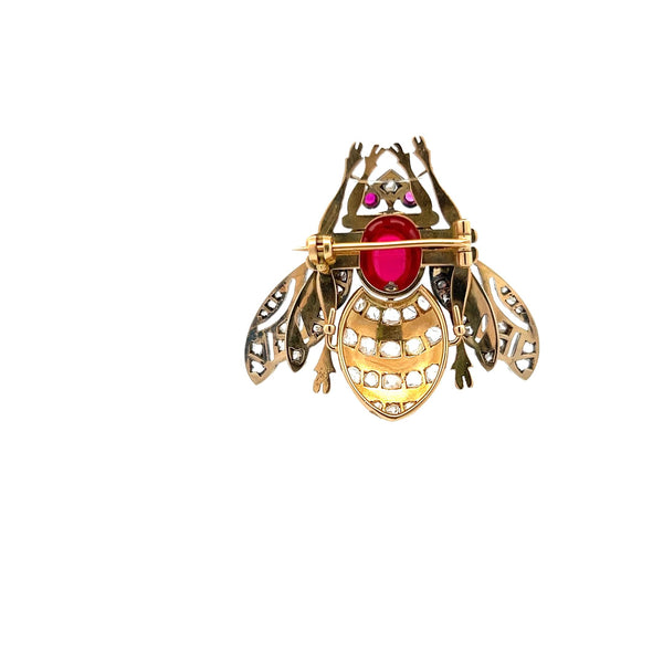 4.54 Carat and Ruby 2.00 Carat Rose Cut Diamond 18 Karat YG-Silver Pin Brooch