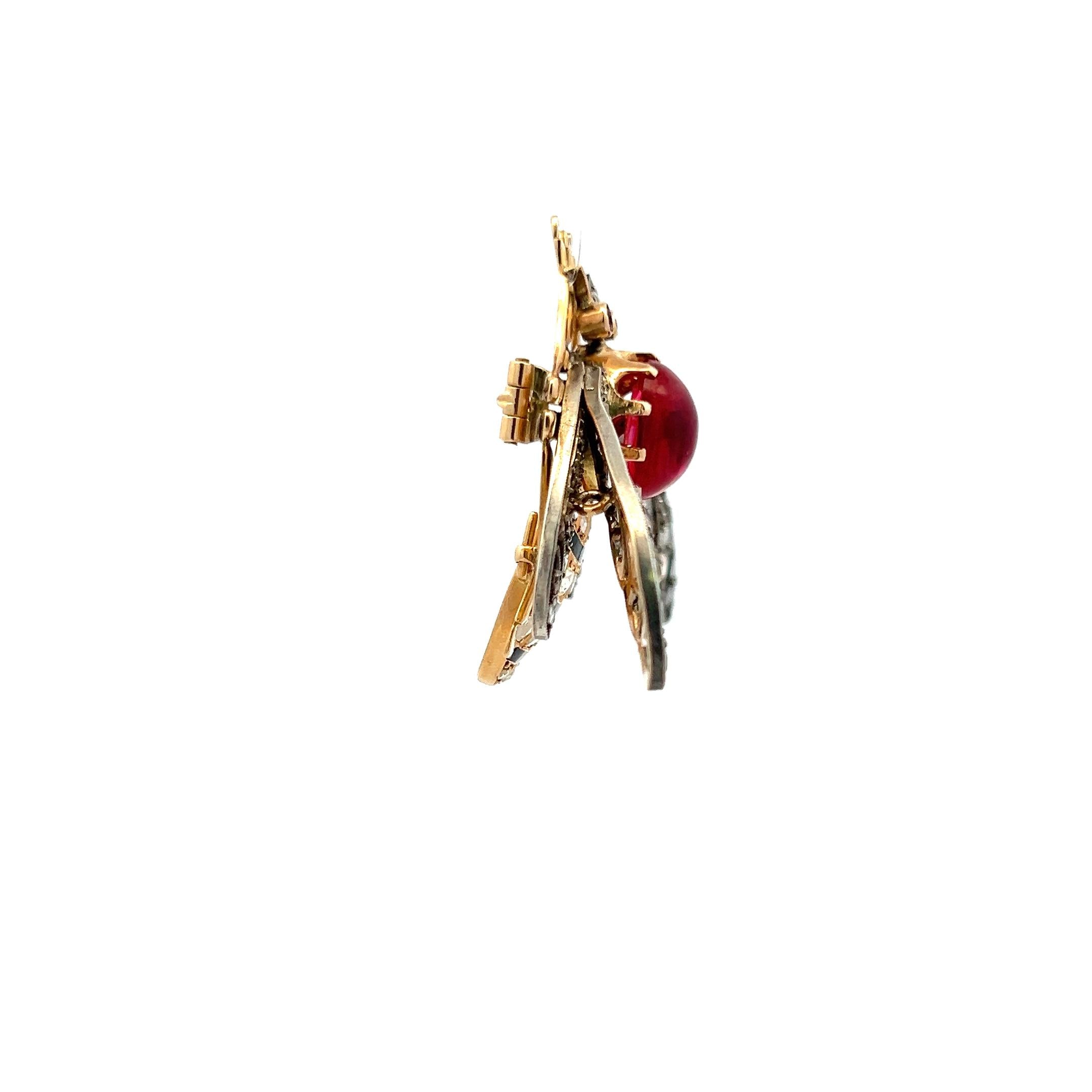 4.54 Carat and Ruby 2.00 Carat Rose Cut Diamond 18 Karat YG-Silver Pin Brooch