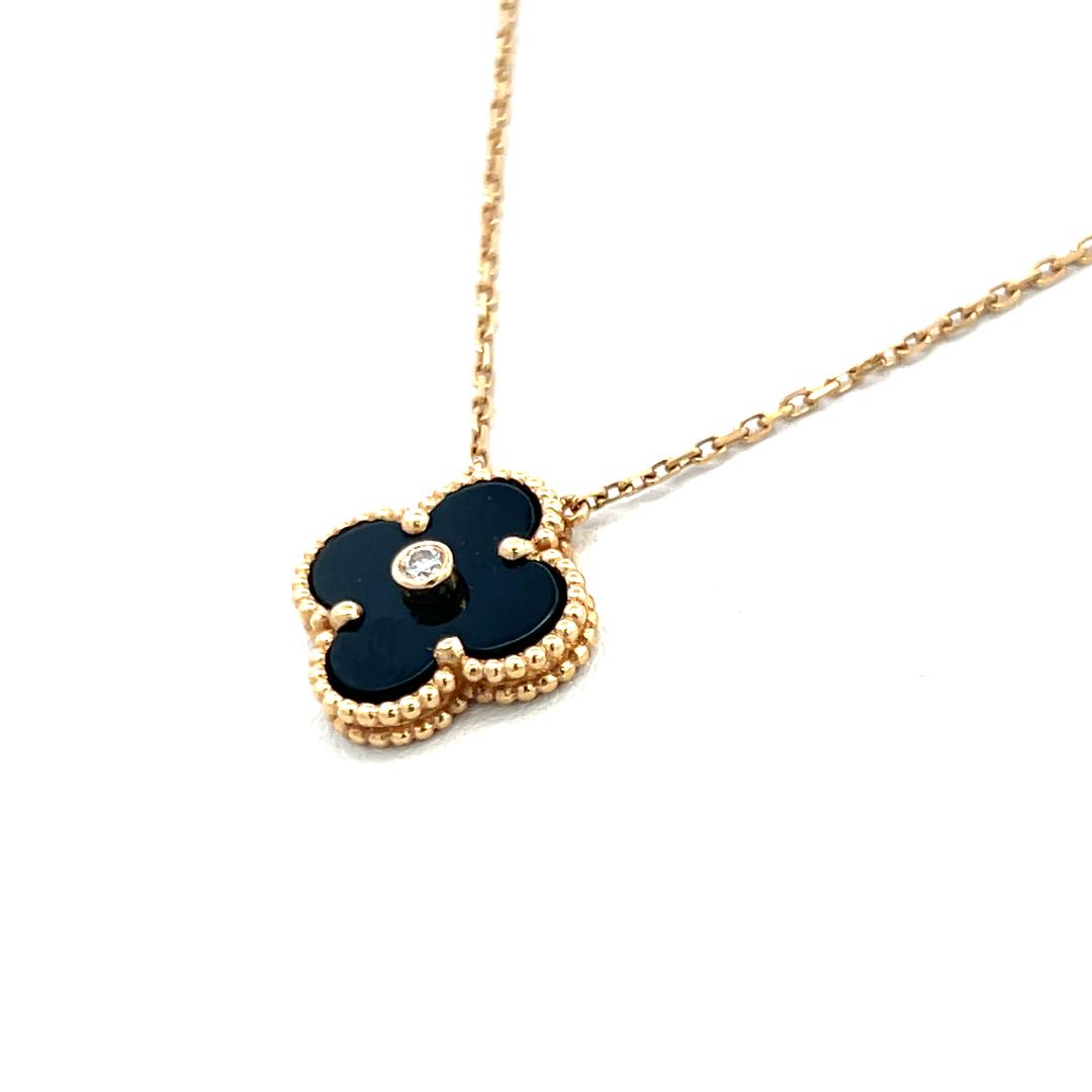 Van Cleef & Arpels Alhambra 0.02 Carat Round Diamond 18K YG Pendant Necklace
