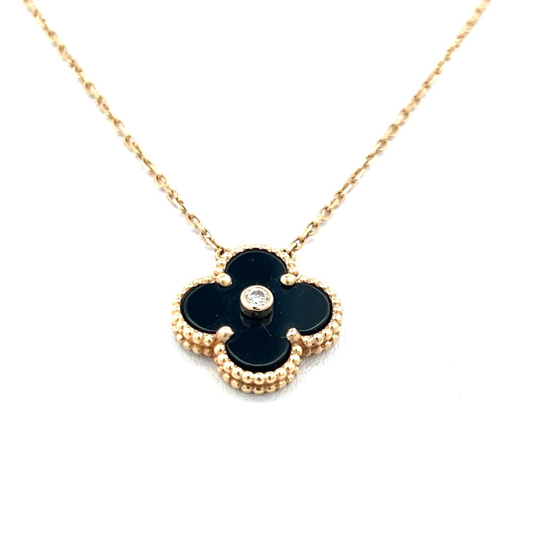Van Cleef & Arpels Alhambra 0.02 Carat Round Diamond 18K YG Pendant Necklace