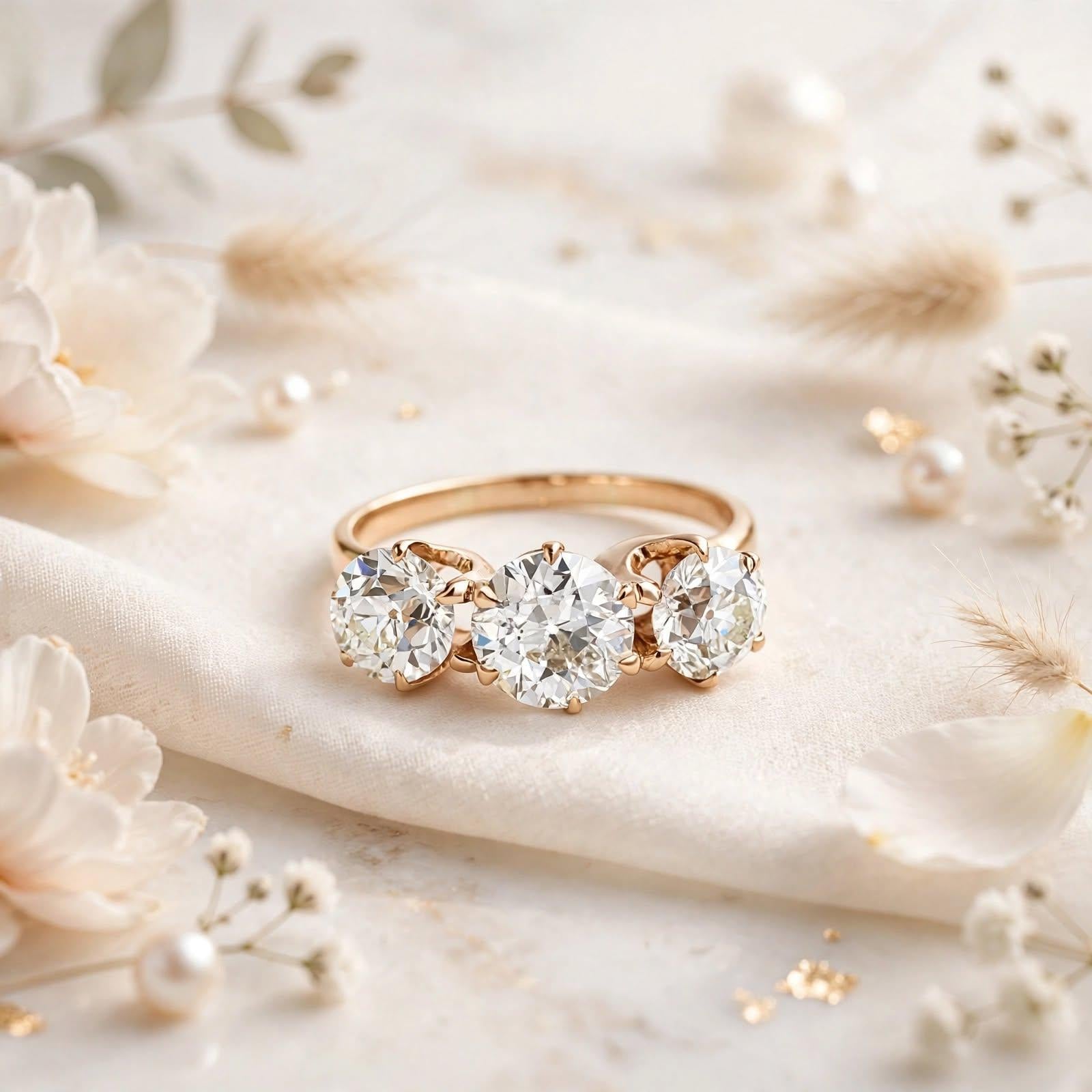14K Yellow Gold Three-Stone Ring with 2.87ct Old European Diamonds J SI2 GIA