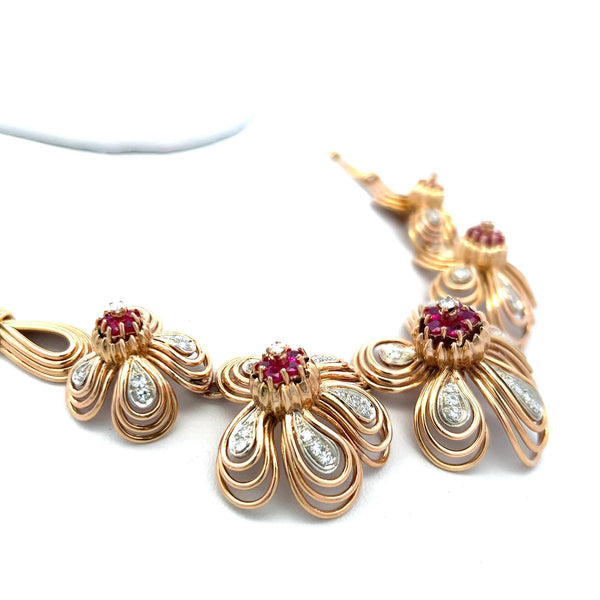 2.00 Carat Ruby 1.00 Carat Round Brilliant Diamond 18K Gold Statement Necklace