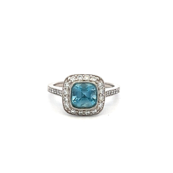 Tiffany & Co 1.06 Carat Aquamarine 0.50 Carat Round Diamond Platinum Halo Ring