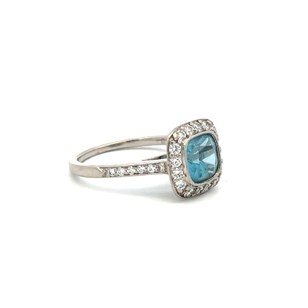 Tiffany & Co 1.06 Carat Aquamarine 0.50 Carat Round Diamond Platinum Halo Ring