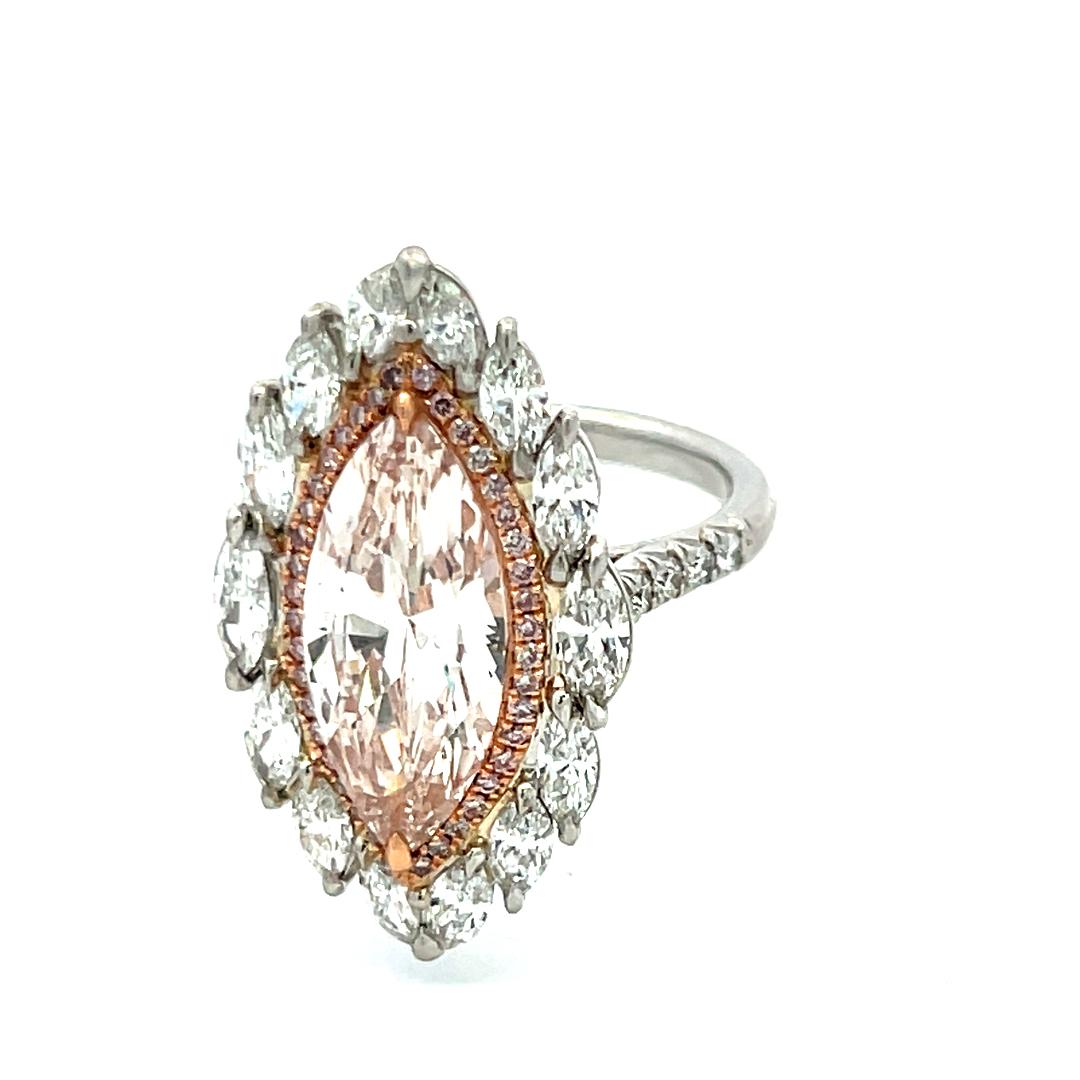5.83 total ct Marquise Lit-Pink & Round Brilliant Diamond Platinum Cocktail Ring
