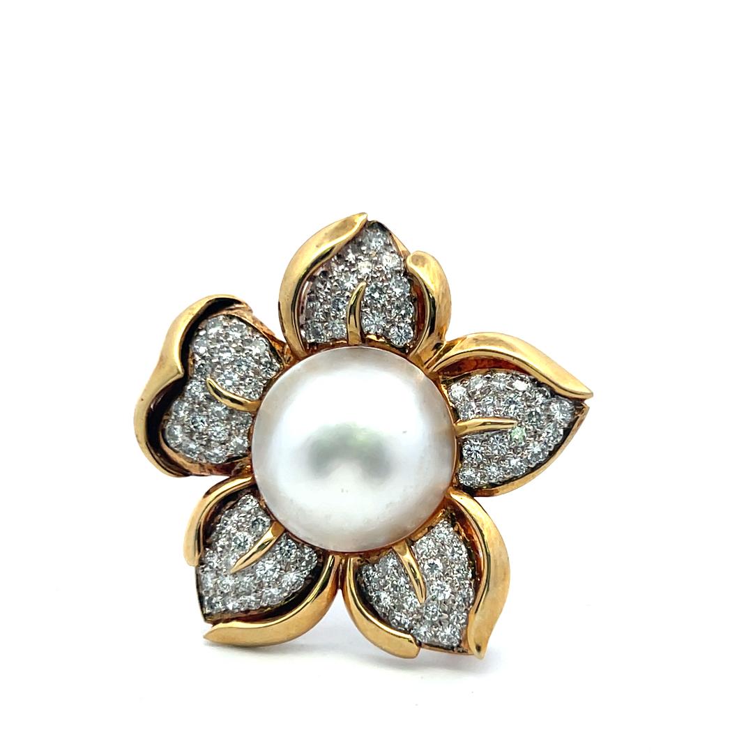 18K Yellow Gold Pin Brooch with 3ct Diamonds Pearls Turquoise Onyx & Tiger Eye