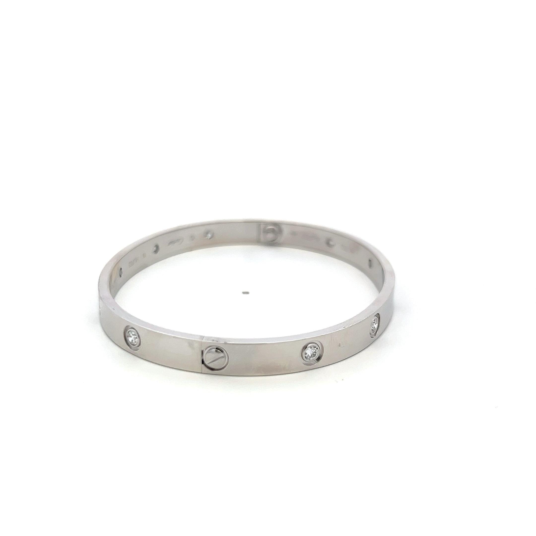 Cartier 0.96 Carat Round Diamond 18 Karat White Gold Love Bracelet Size 19