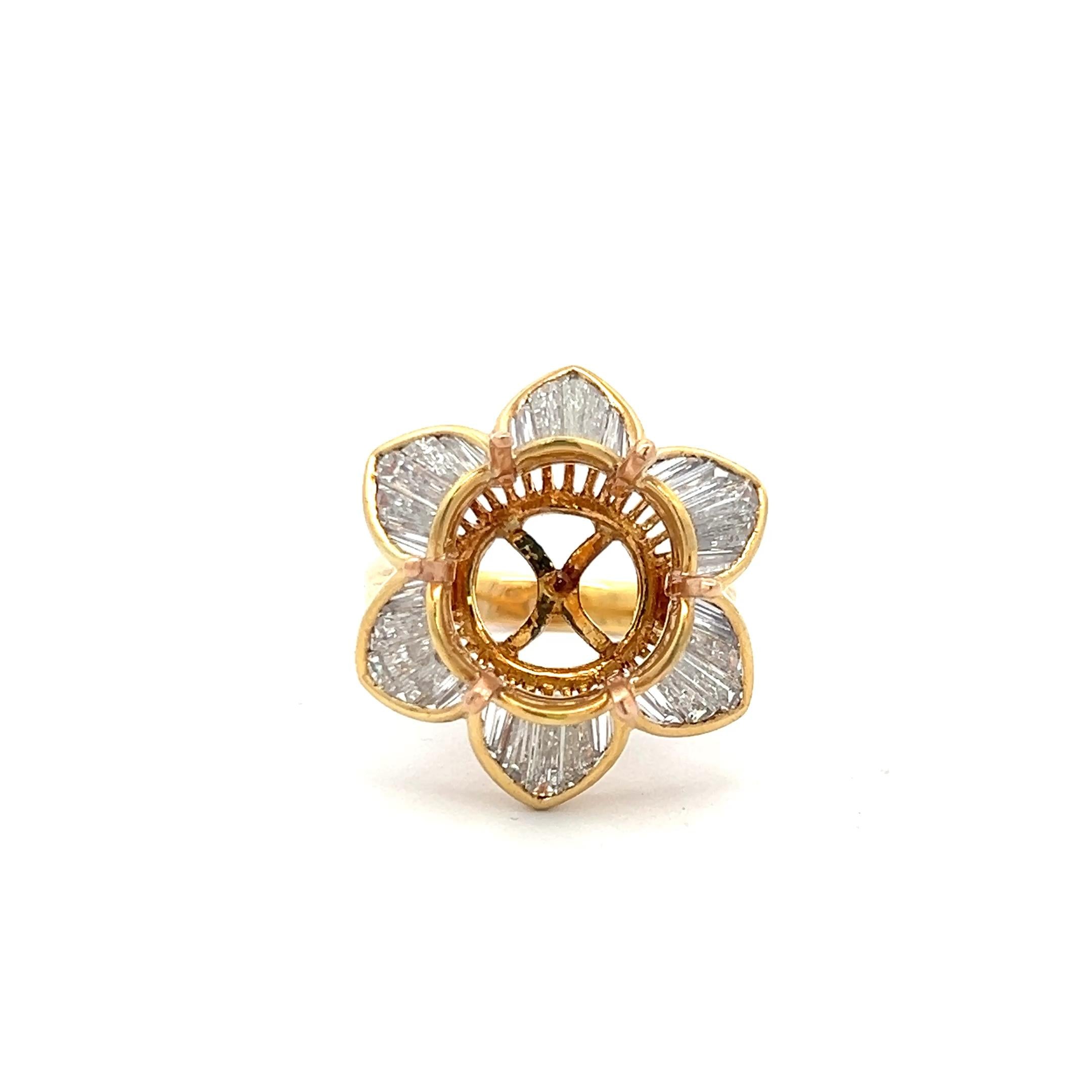 1.50 Carat Tapered Baguette Shape Diamond 18 Karat Yellow Gold Semi Mount Ring