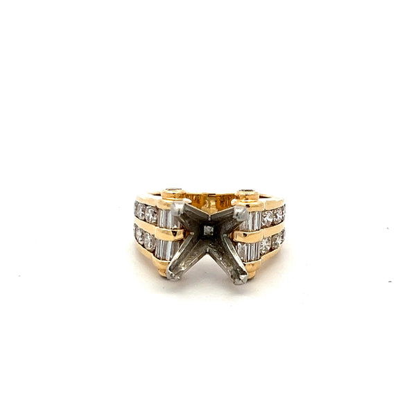 1.52 Carat Round and Baguette Shape Diamond 14K Yellow Gold Semi Mount Ring