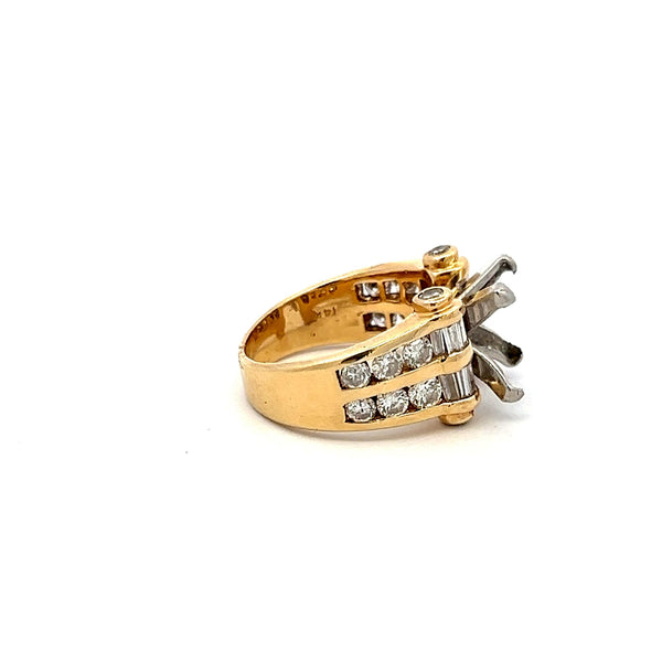 1.52 Carat Round and Baguette Shape Diamond 14K Yellow Gold Semi Mount Ring