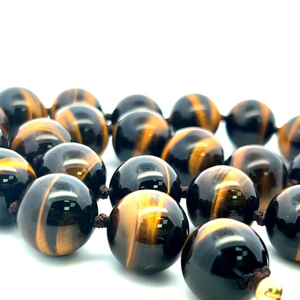 16.4-16.5 MM Tiger-Eye 18 Karat Yellow Gold Beed Necklace