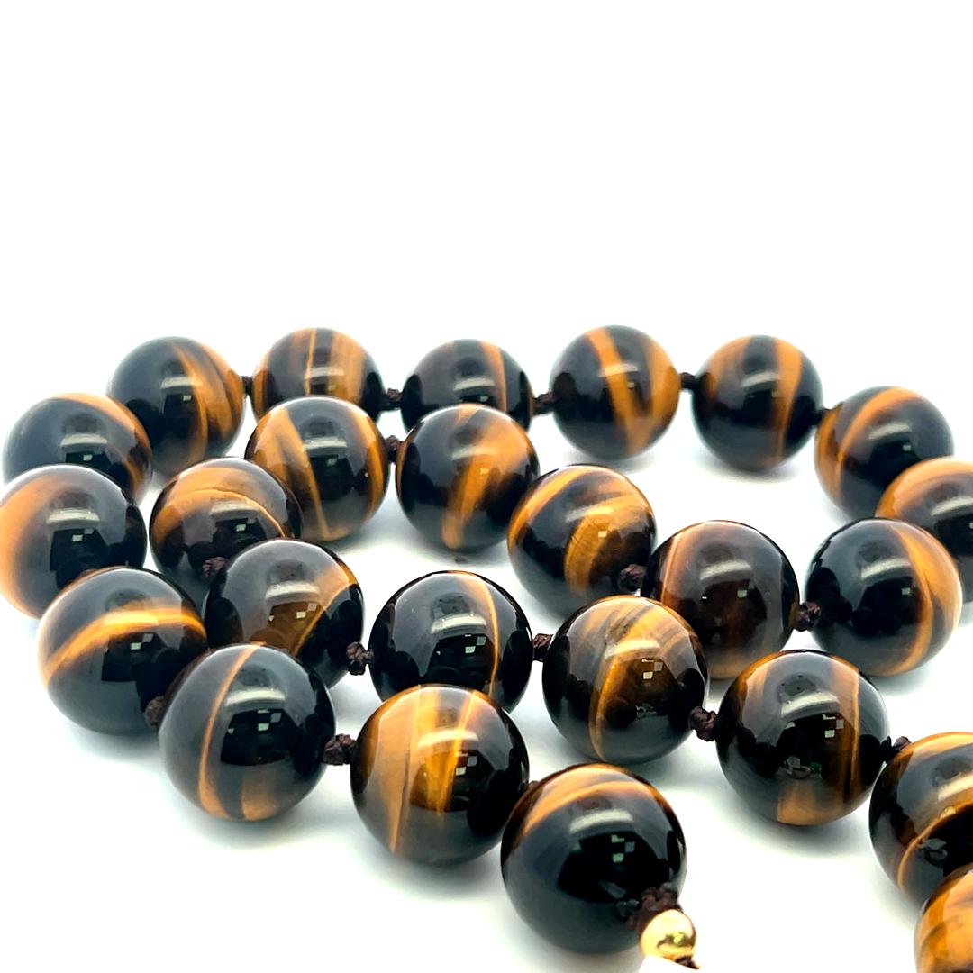 16.4-16.5 MM Tiger-Eye 18 Karat Yellow Gold Beed Necklace