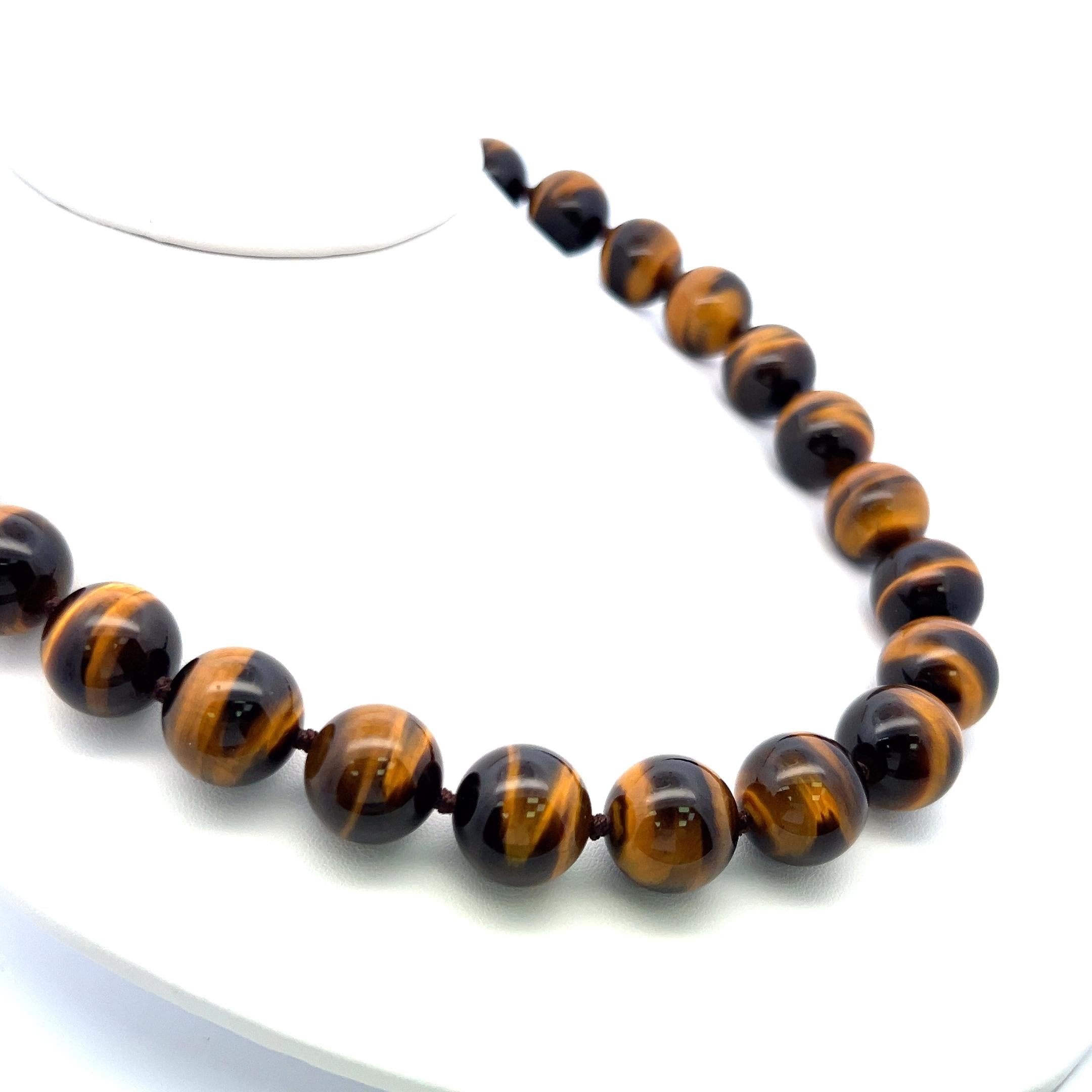 16.4-16.5 MM Tiger-Eye 18 Karat Yellow Gold Beed Necklace