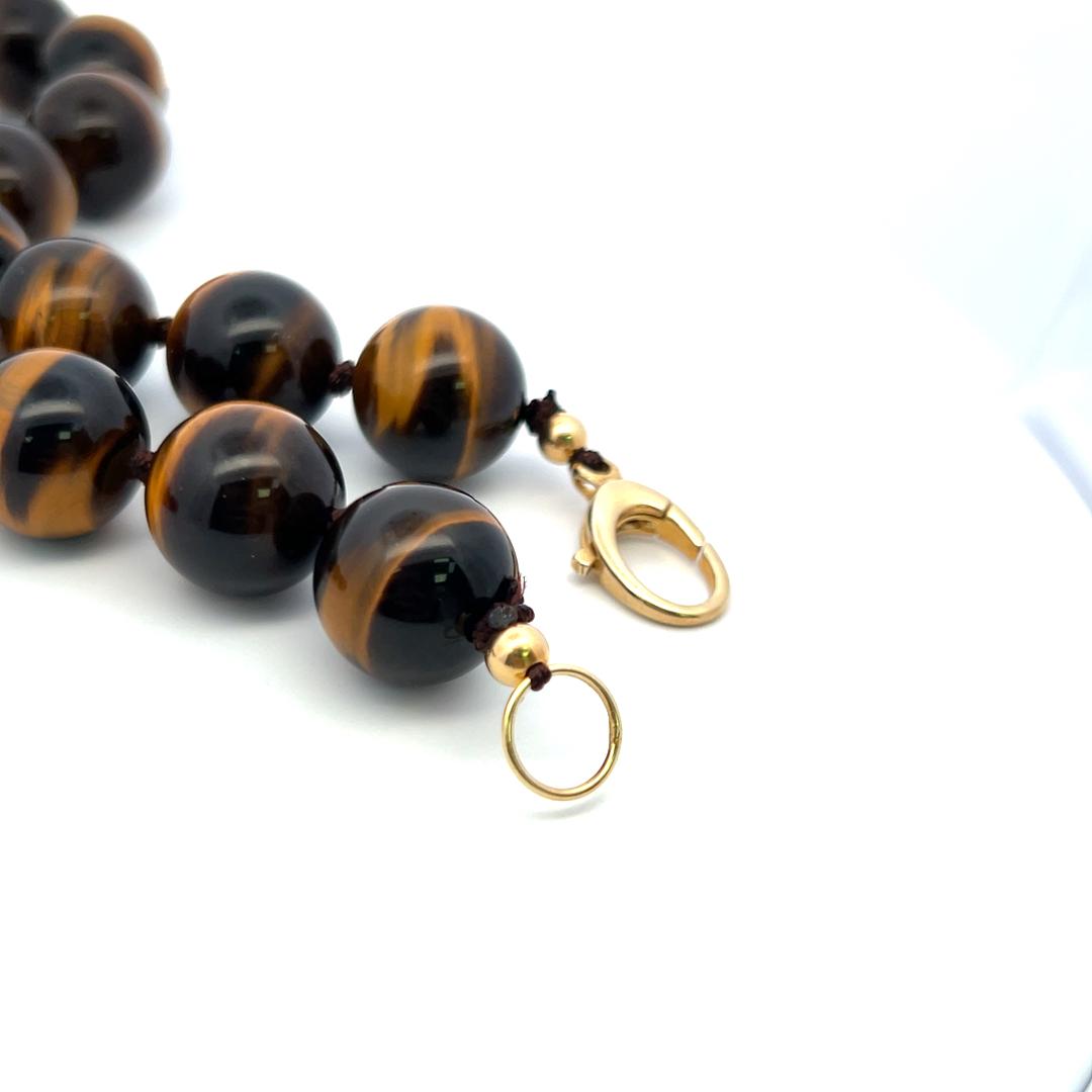 16.4-16.5 MM Tiger Eye Beed 18 Karat Yellow Gold Beed Necklace