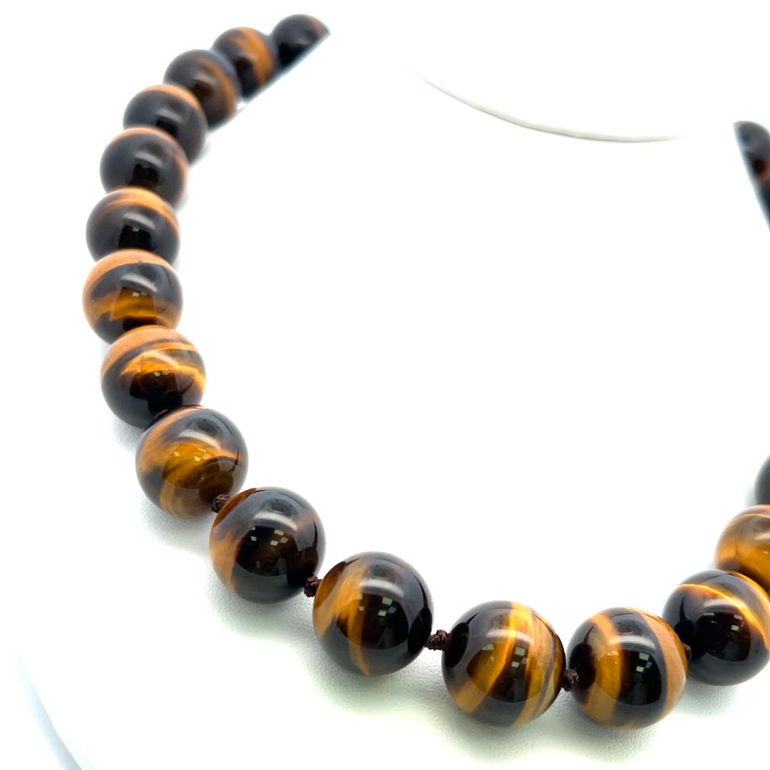 16.4-16.5 MM Tiger Eye Beed 18 Karat Yellow Gold Beed Necklace