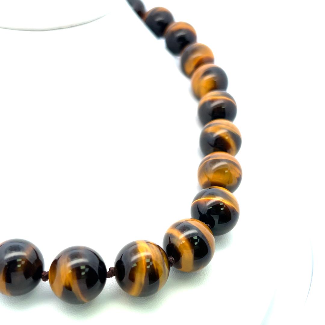 16.4-16.5 MM Tiger Eye Beed 18 Karat Yellow Gold Beed Necklace