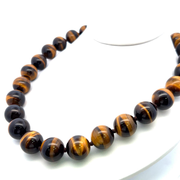 16.4-16.5 MM Tiger Eye Beed 18 Karat Yellow Gold Beed Necklace