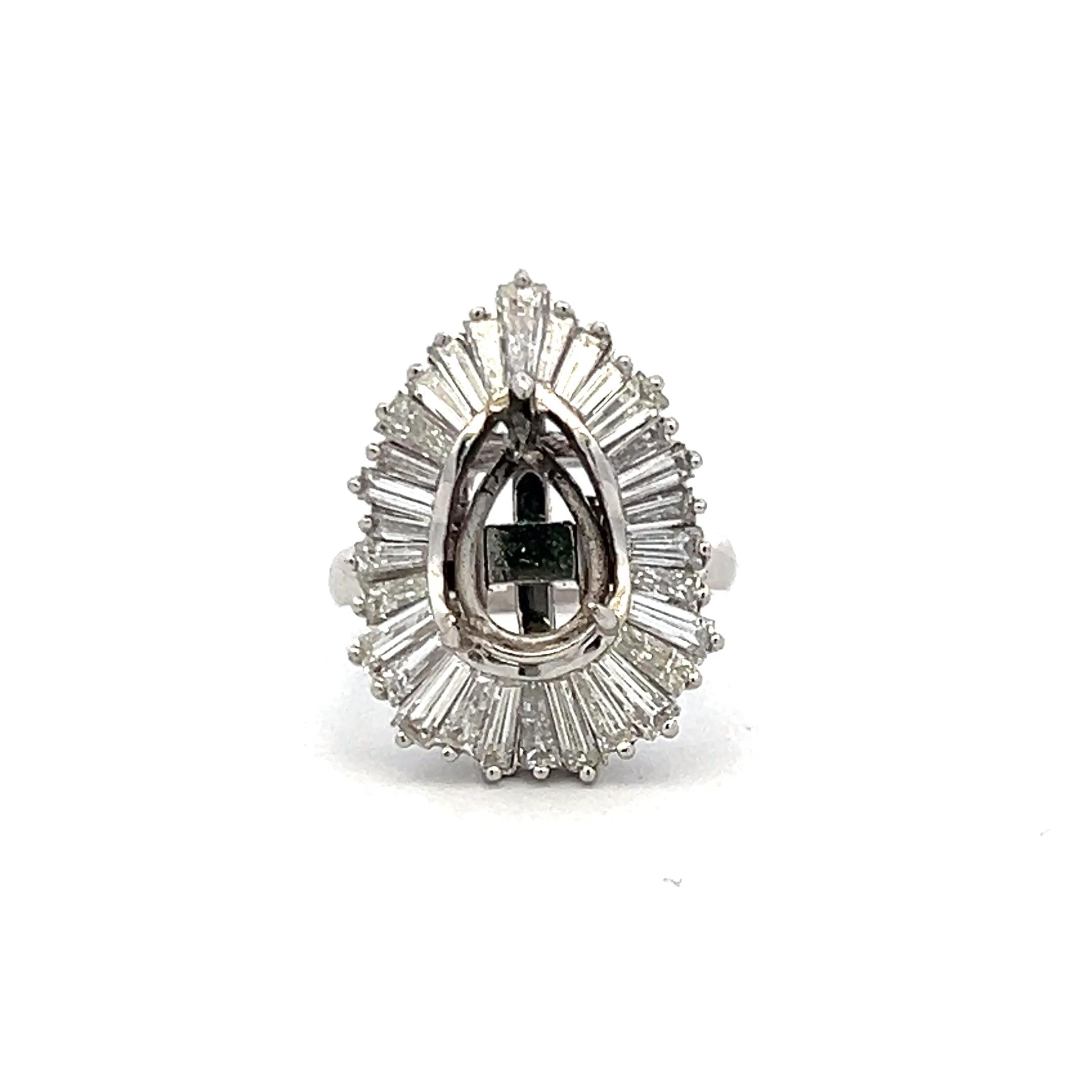 2.75 Carat Tapered Baguette Shape G SI1 Diamond Platinum Semi Mount Ring