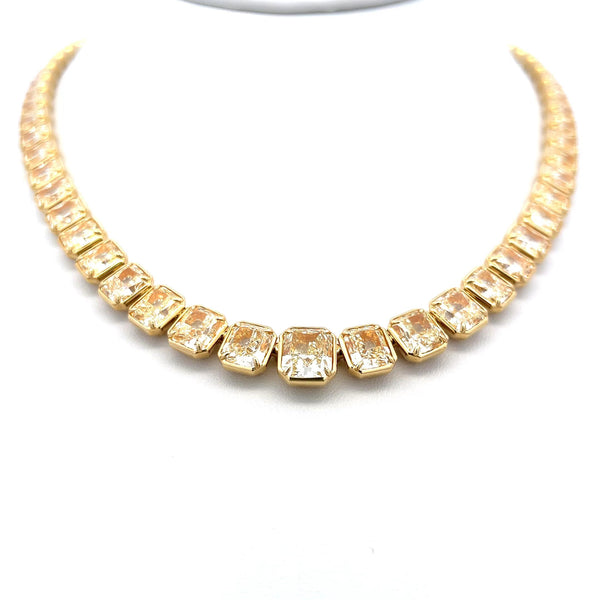 71.22 Carat Radiant Cut U VS Diamond 18 Karat Yellow Gold Riviera Necklace