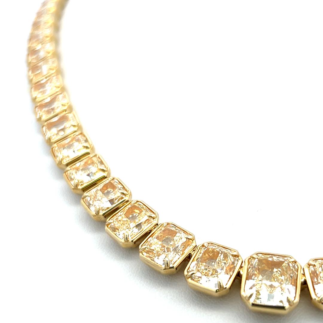 71.22 Carat Radiant Cut U VS Diamond 18 Karat Yellow Gold Riviera Necklace