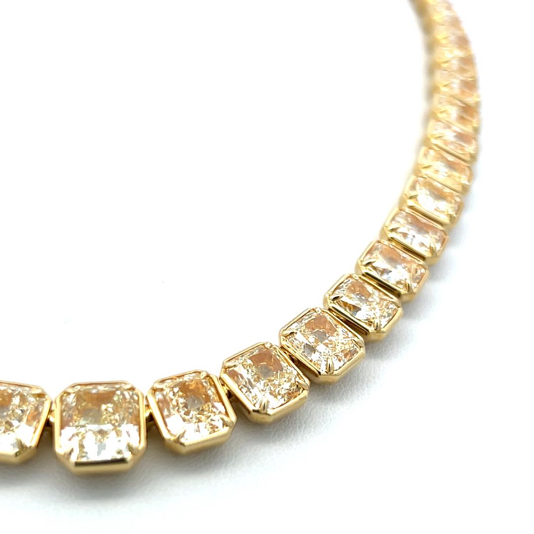 71.22 Carat Radiant Cut U VS Diamond 18 Karat Yellow Gold Riviera Necklace