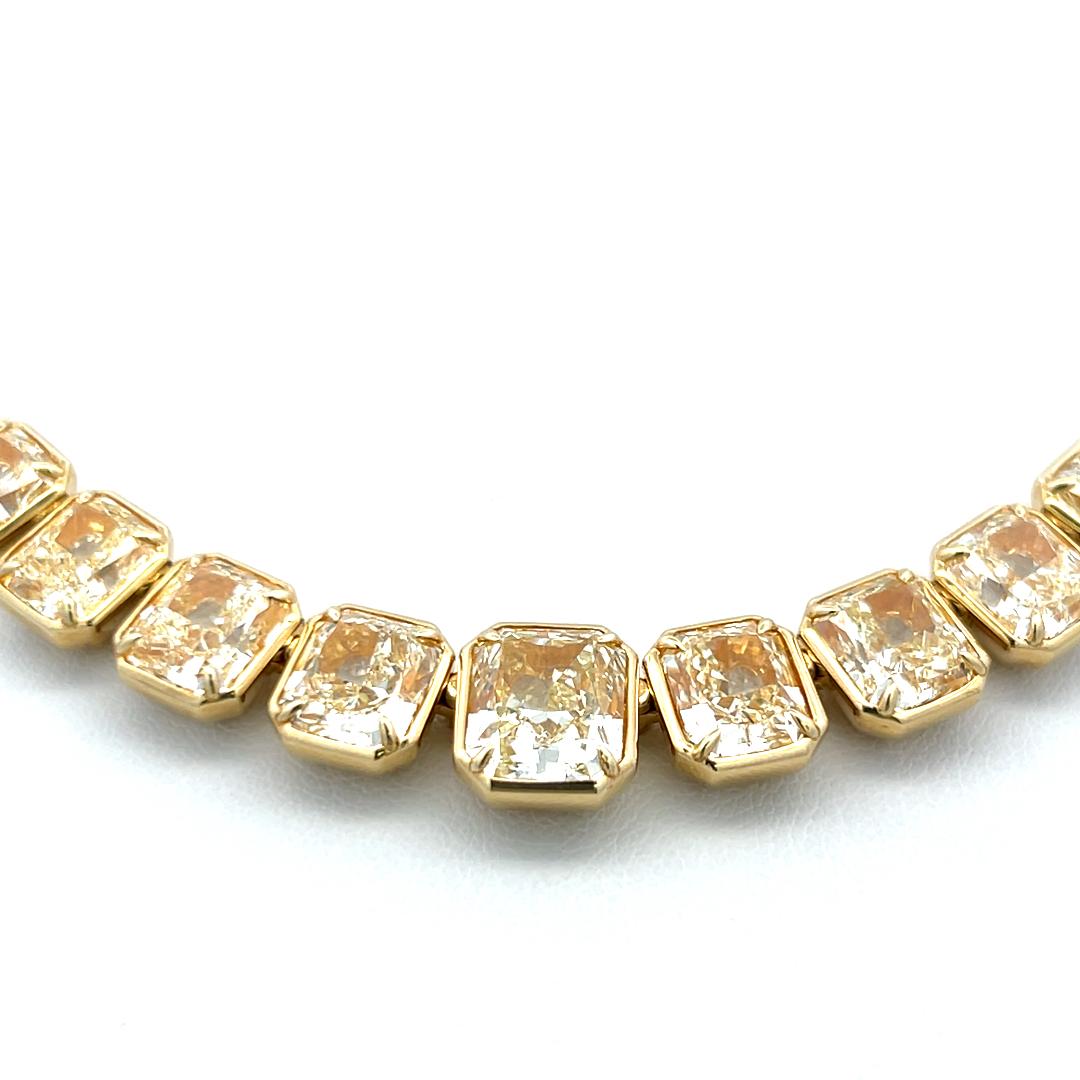 71.22 Carat Radiant Cut U VS Diamond 18 Karat Yellow Gold Riviera Necklace