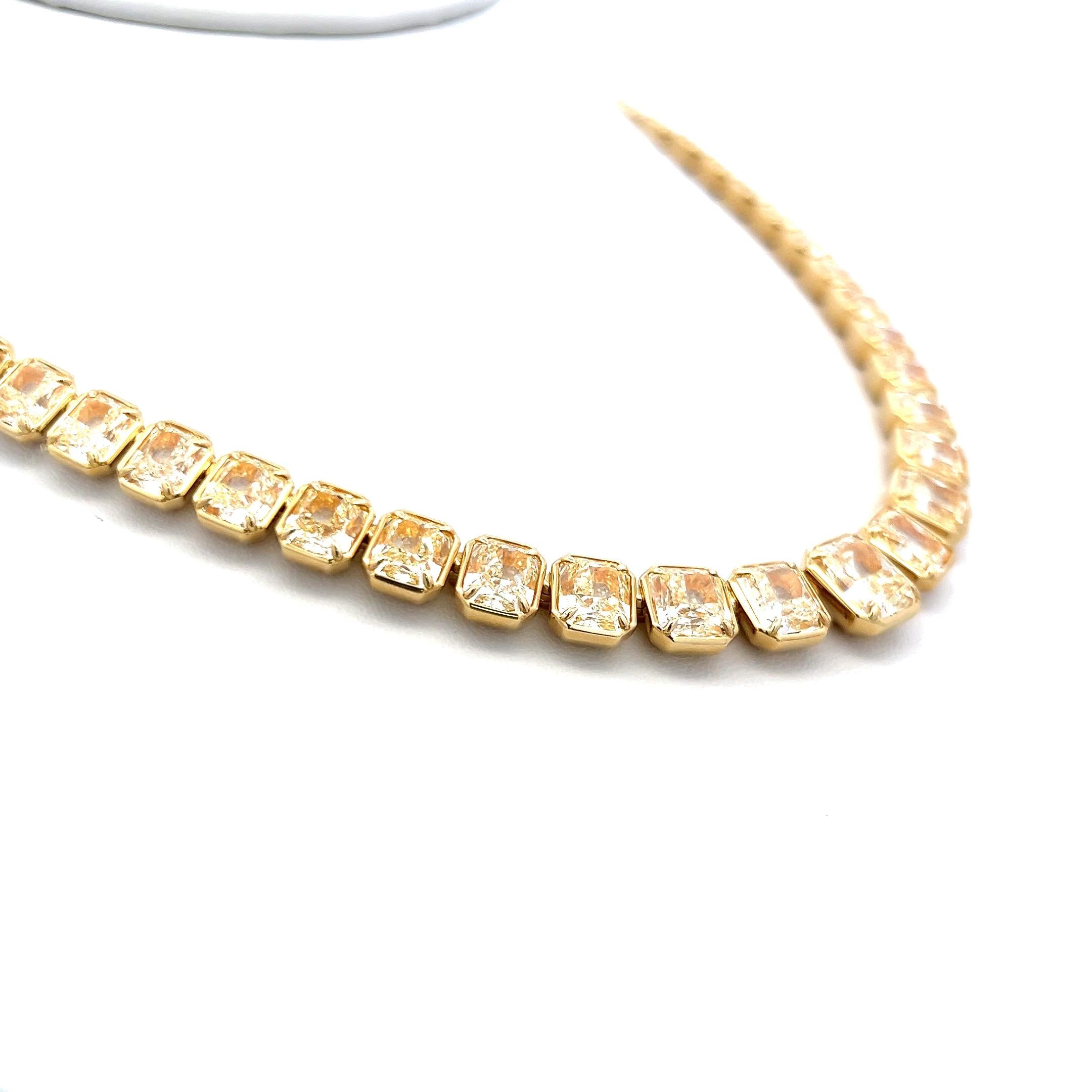 71.22 Carat Radiant Cut U VS Diamond 18 Karat Yellow Gold Riviera Necklace