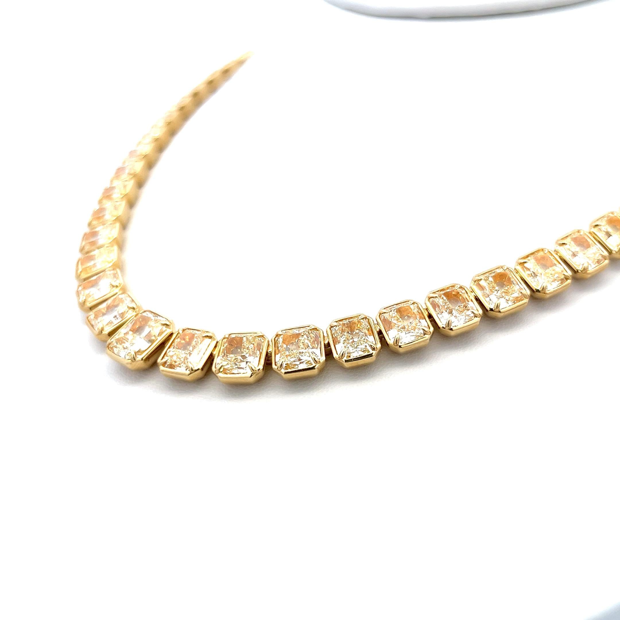 71.22 Carat Radiant Cut U VS Diamond 18 Karat Yellow Gold Riviera Necklace
