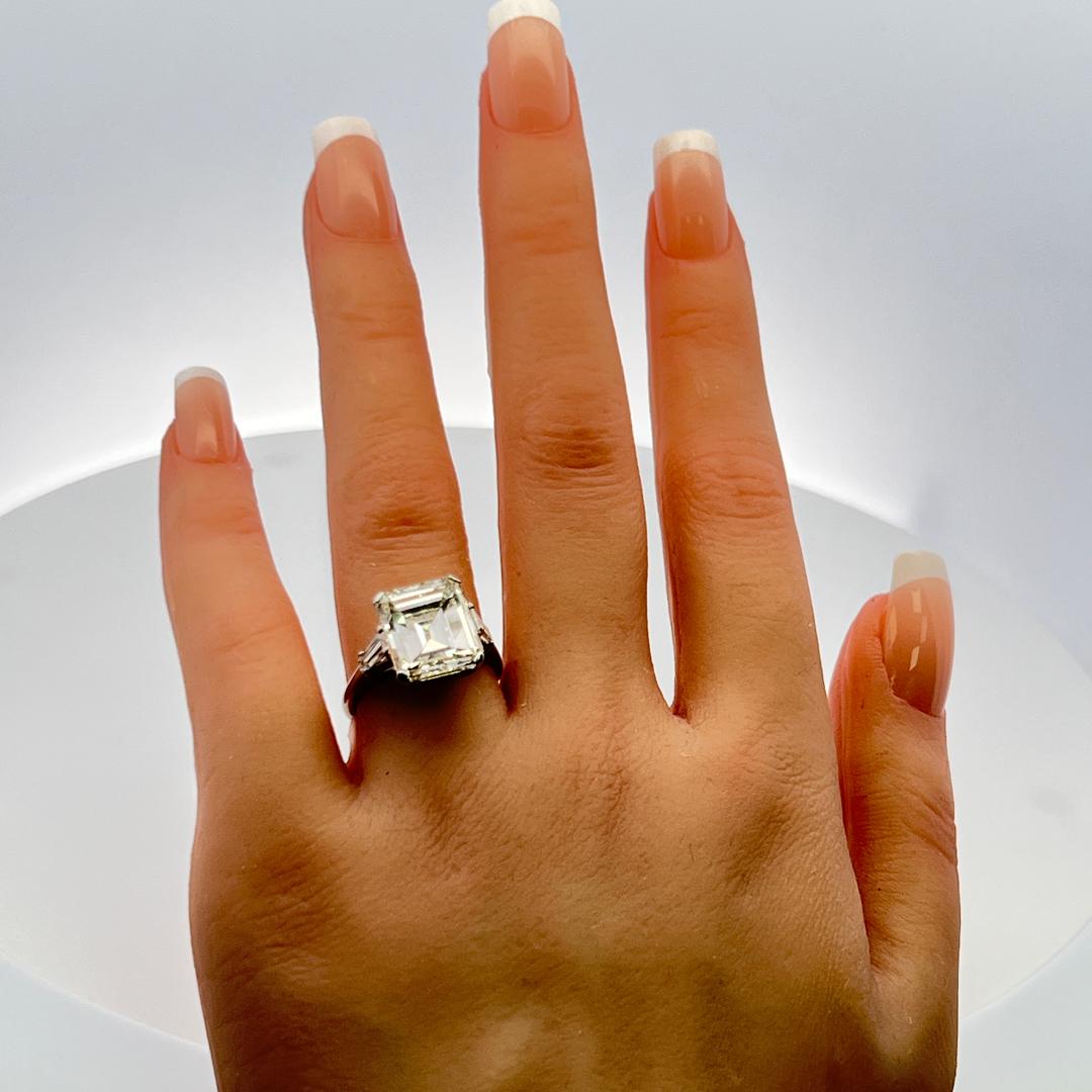 7.02 Carat Emerald Cut and Tapered Baguette Diamond Platinum Engagement Ring