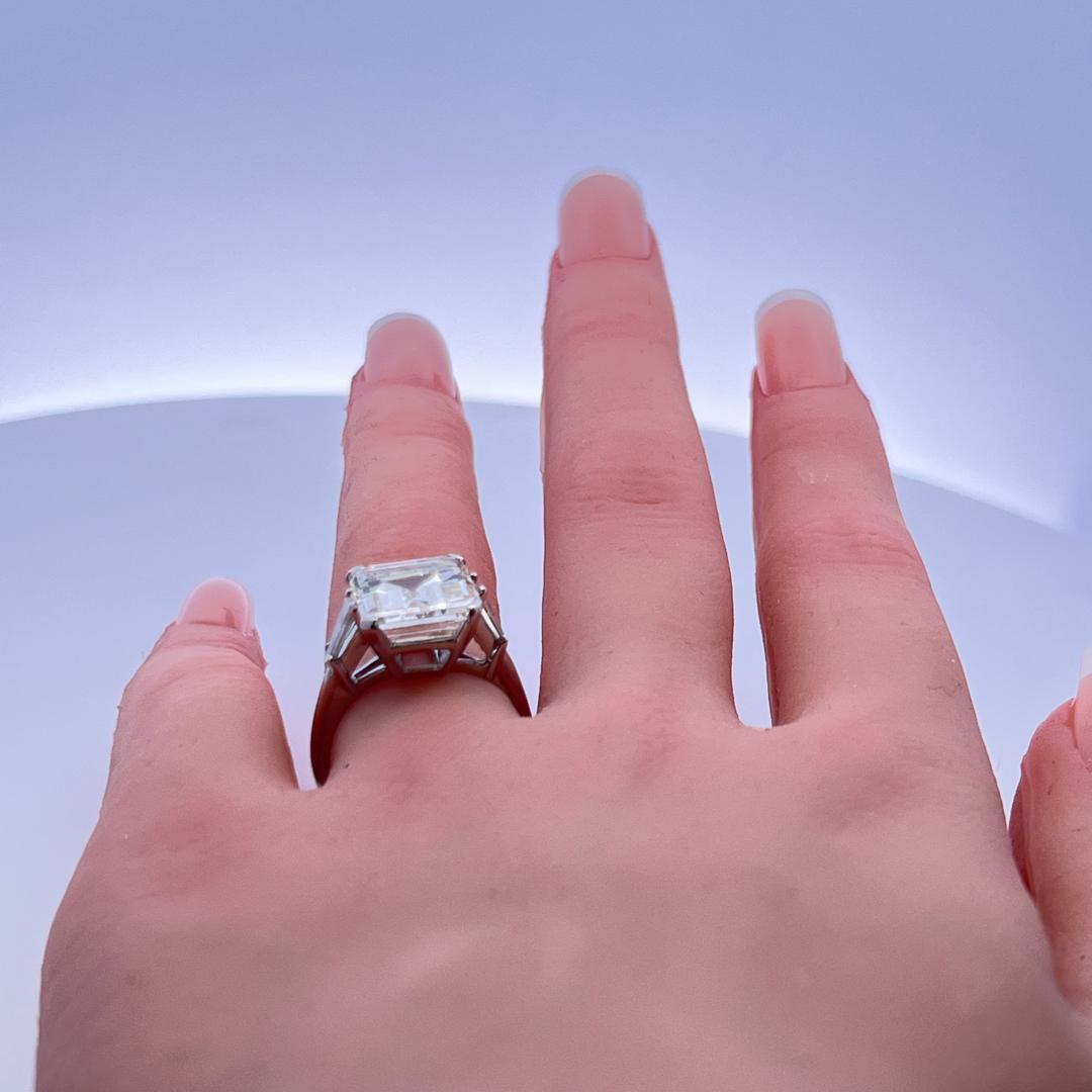 7.02 Carat Emerald Cut and Tapered Baguette Diamond Platinum Engagement Ring