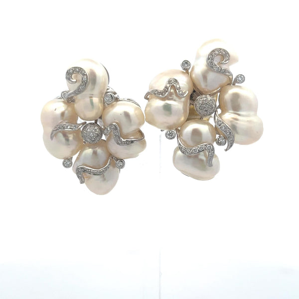 10.7-15MM Pearl 0.55 Carat Round Diamond 18 Karat White Gold Clip On Earrings