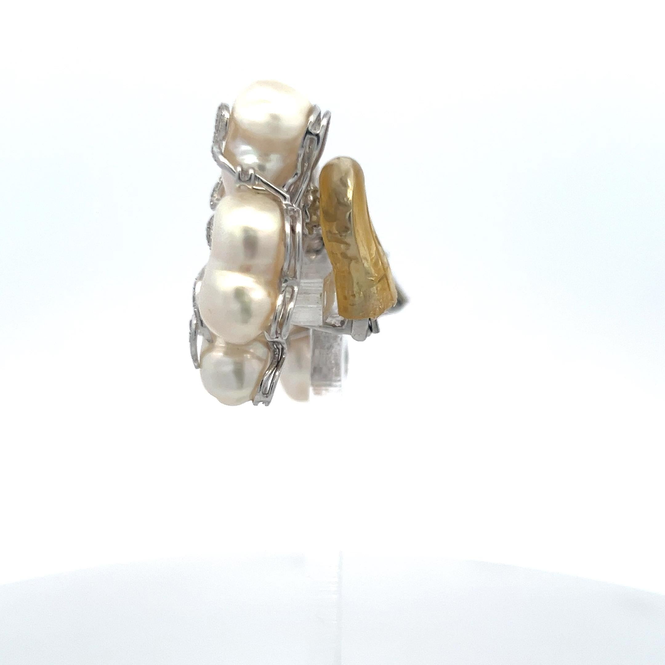 10.7-15MM Pearl 0.55 Carat Round Diamond 18 Karat White Gold Clip On Earrings