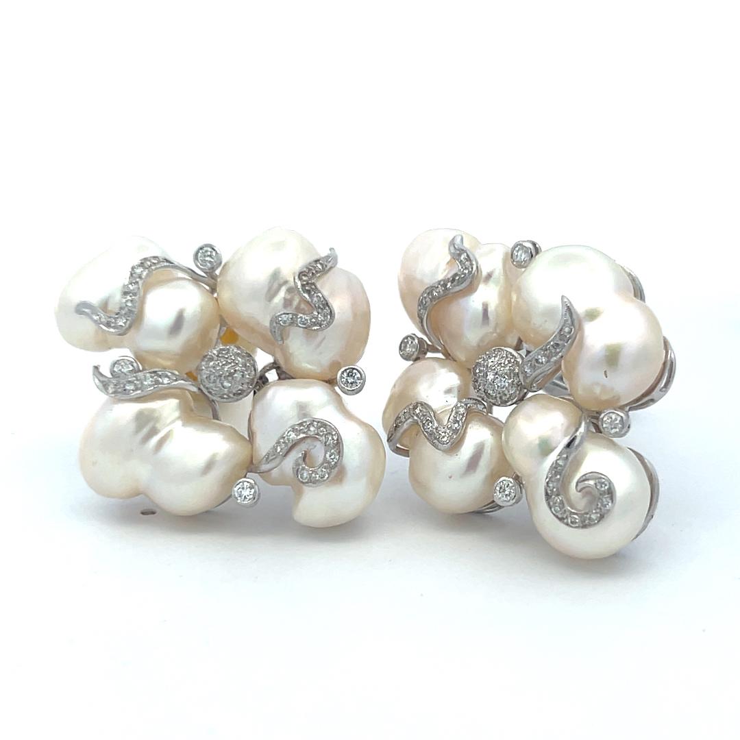 10.7-15MM Pearl 0.55 Carat Round Diamond 18 Karat White Gold Clip On Earrings
