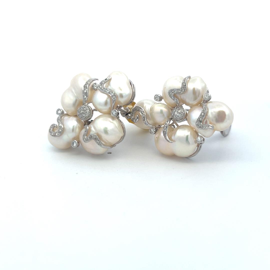 10.7-15MM Pearl 0.55 Carat Round Diamond 18 Karat White Gold Clip On Earrings