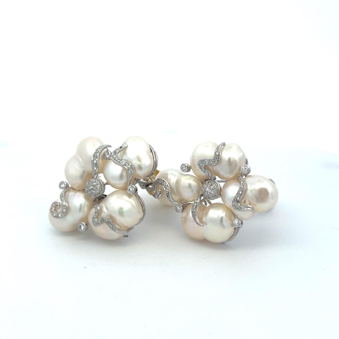 10.7-15MM Pearl 0.55 Carat Round Diamond 18 Karat White Gold Clip On Earrings