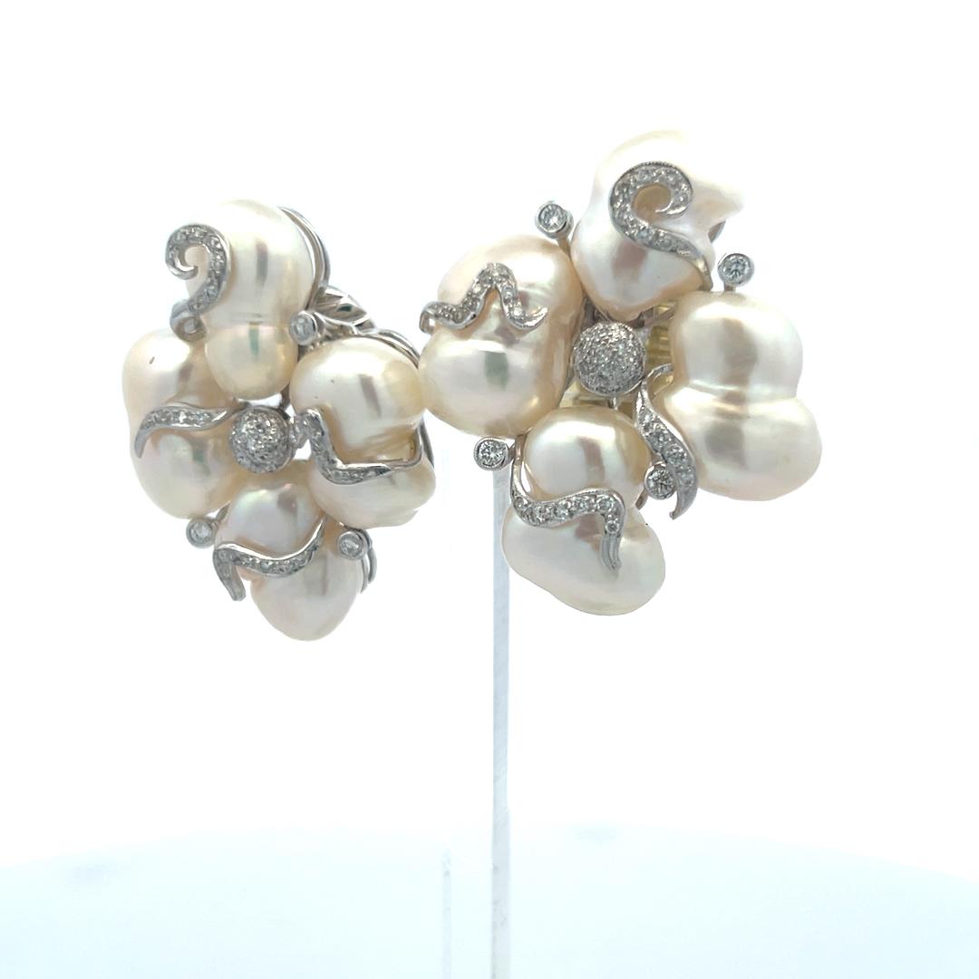 10.7-15MM Pearl 0.55 Carat Round Diamond 18 Karat White Gold Clip On Earrings