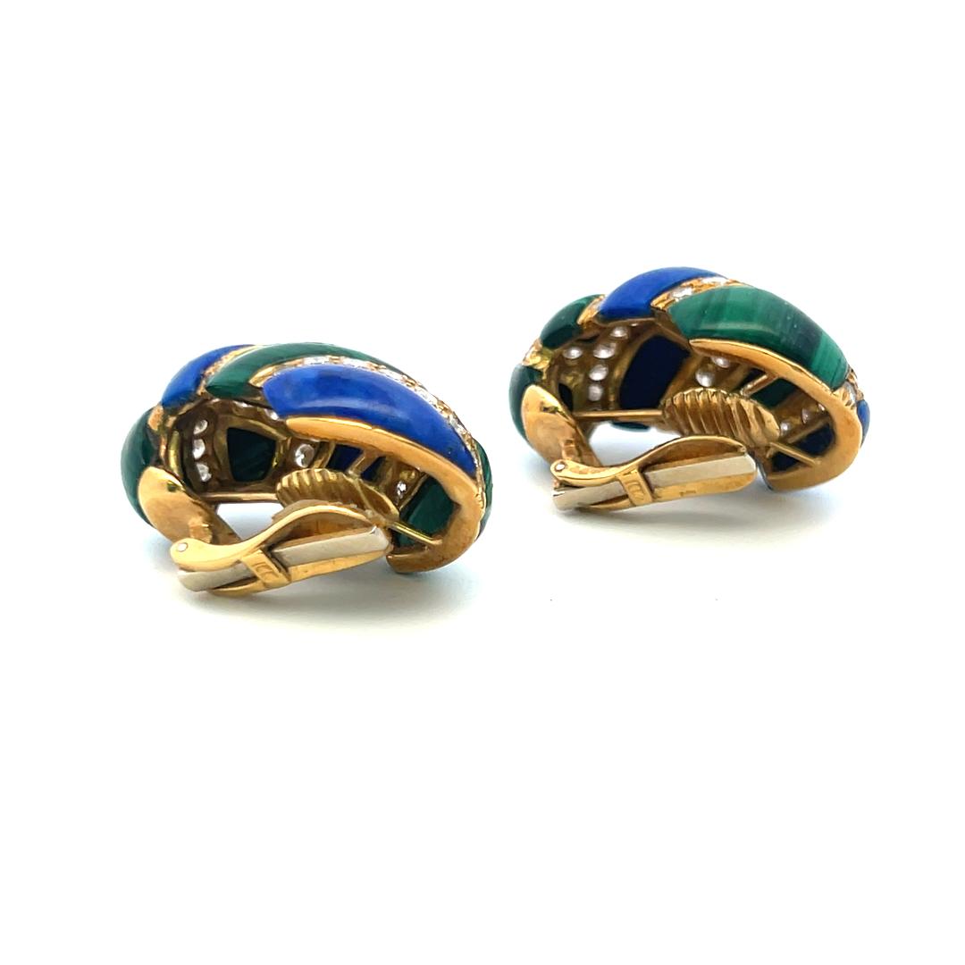 4.50ct Round Brilliant Diamond, Lapis & Malachite Clip-On Earrings in 18K Gold