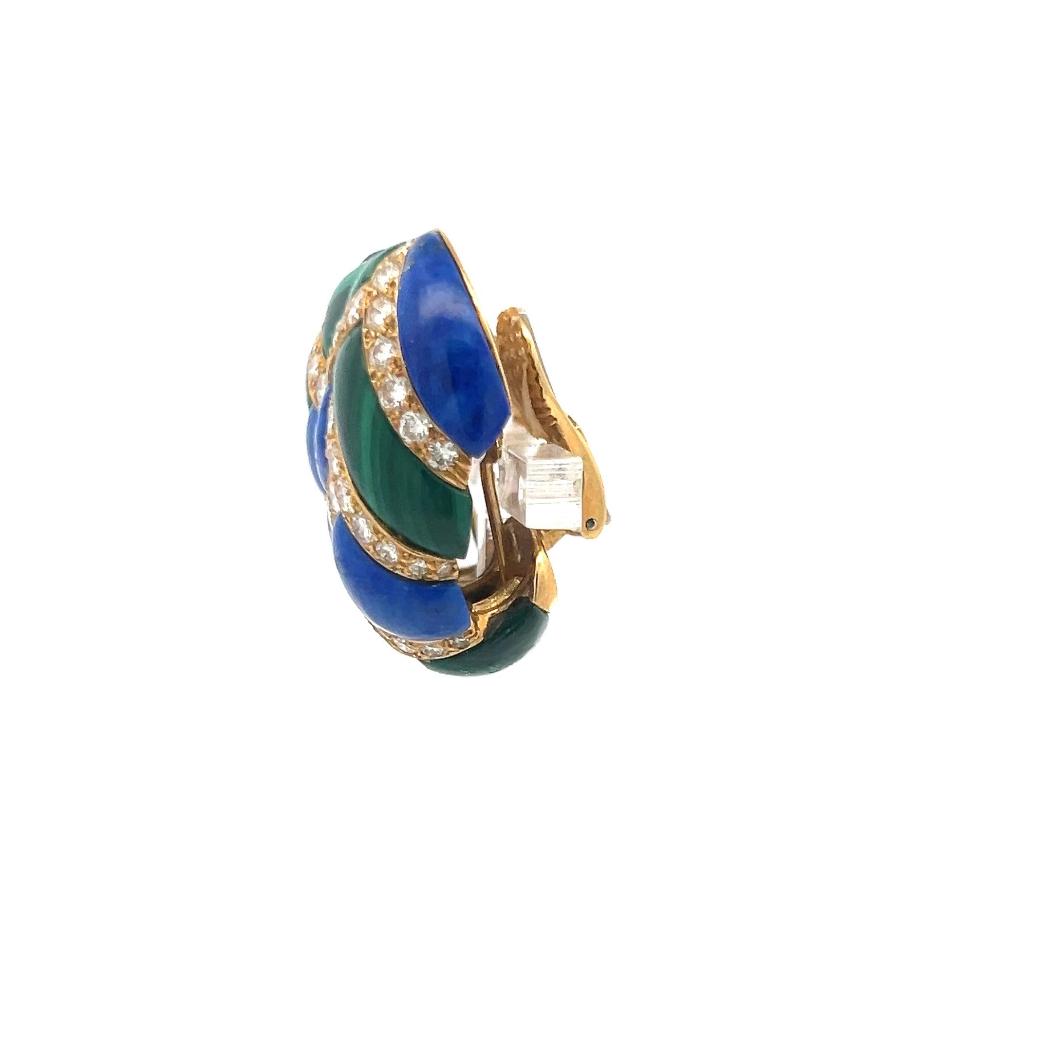 4.50ct Round Brilliant Diamond, Lapis & Malachite Clip-On Earrings in 18K Gold